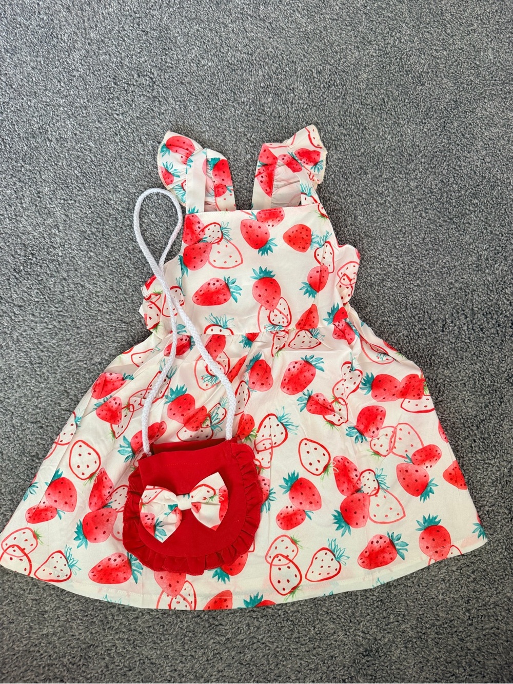 Girls White Strawberry Print Casual Dress with Red Bag